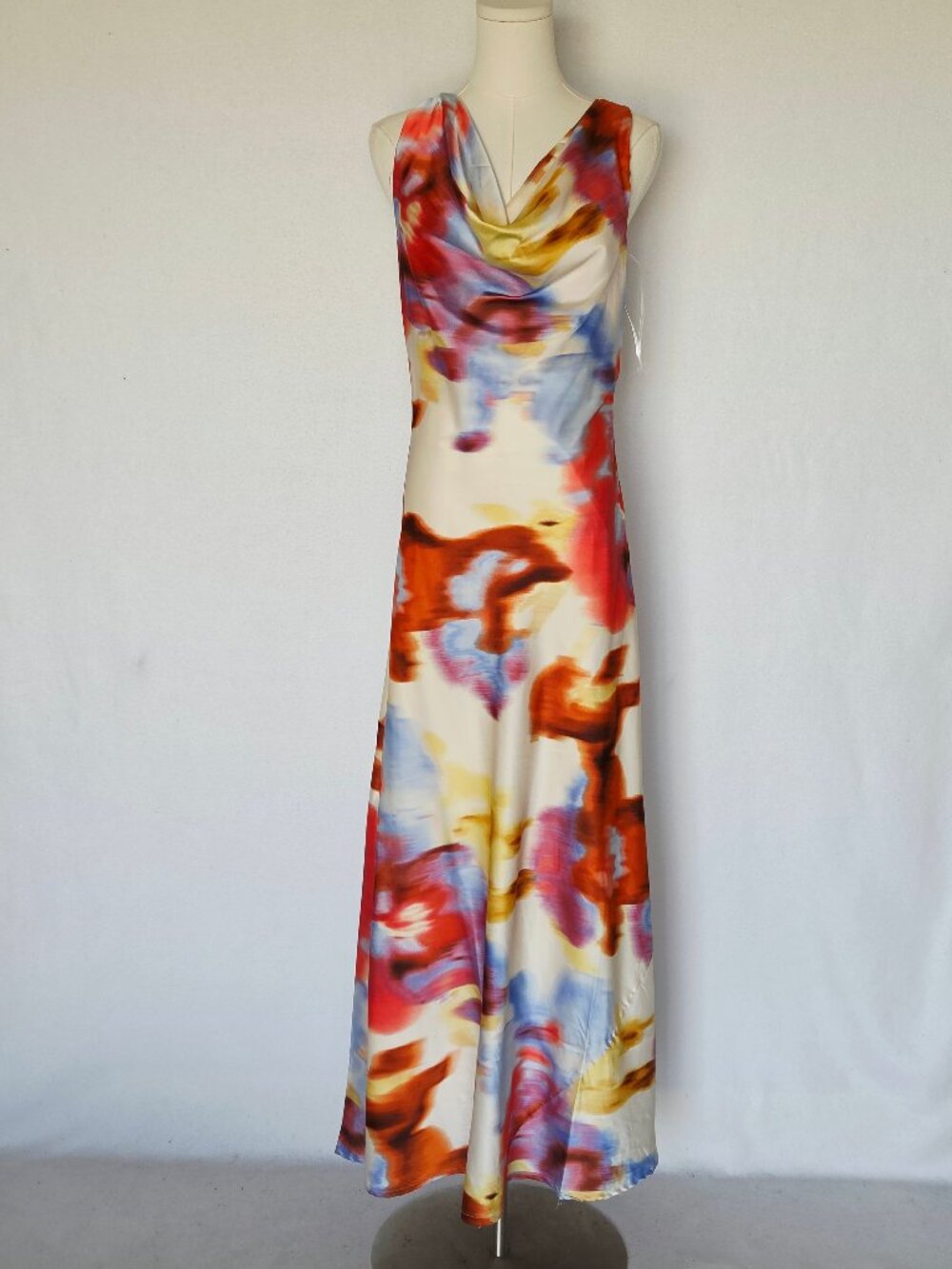 NEW Paper Heart Anthropologie Satin Cowl Maxi Dress Sleeveless Cream Blue